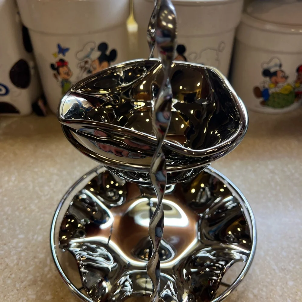 Vintage Sliver Toned Glass 2 Tier Dessert Candy Dish 10.5 Tall Non Tarnish
